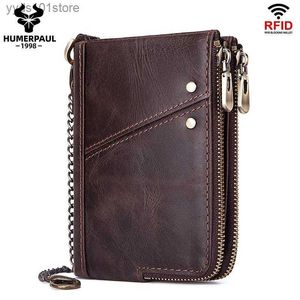 Money Clips New Anti theft Brush RFID Genuine Leather Mens Wallet Multi functional Double Zipper Vertical Wallet Fashion Casual Zero Wallet L240306