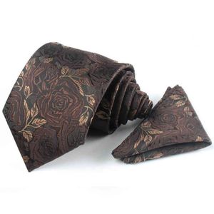 Fashion Pocket Ties For Men Business Suit Mens Tie Set Formal Brown Handkerchief Cravat Wedding Party Necktie259E