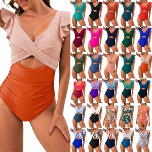 24 år ny Amazon Swimsuit Hot Selling One Piece Cross Fleeting Swimsuit Women's Ruffle Edge Foreign Trade Swimsuit Bikini