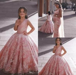 Pink Girls Pageant Dresses With Beaded V Neck A Line Luxury Flower Girl Dress With Wrap Little Petticoat Custom Made Communion Gow7276789