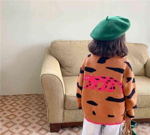 Girls cute leopard cartoon knitted cardigans Korean style children loose soft casual VNeck Sweaters 2111176147450