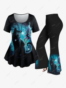 Anzüge Plus Size Bedrucktes Halloween-T-Shirt oder Schlaghose Damen Casual Cat Butterfly Angel Tree Moon Glitzer-T-Shirt oder Hose mit weitem Bein