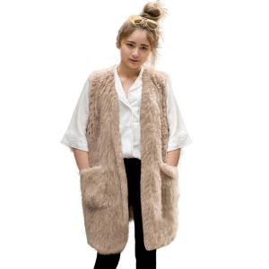 Spedizione gratuita Shipping Womens Naturale Real Rabbit Furt Fur Poncho Scialliere/Giacche con coniglio tascabile inverno a maglia