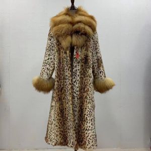 Pelliccia 2023 Vendite Calde Delle Donne di Volpe Risvolto Del Collare Tutta La Pelle Naturale Vera Pelliccia Giacca Lunga Vera Pelliccia di Coniglio Della Stampa Del Leopardo inverno Cappotto