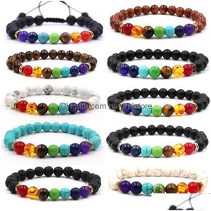 Perlen 7 Chakra Schwarze Lava Perlenstränge Armbänder 8Mm Rock Bead Elastische Natursteine Edelsteine Öl Diffusor Yoga Strandsbracelets Dhrdt