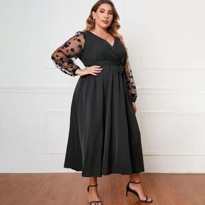 Abito avvolgente con cintura Abito longuette elegante in rete di pizzo ricamato con scollo a V con cintura a maniche lunghe per donna Orlo avvolgente a vita alta Plus Size 240229