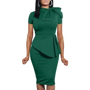 Klänning 2023 Casual Summer High Quality Bow O Neck Short Sleeve Slim Midi Dress Lady BodyCon Offic Work Dresses for Women Professional