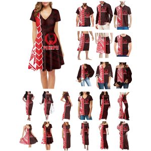 Vestido polinésio pohnpei tatuagem imprime roupas femininas vestido combinando camisa masculina novo estilo confortável casual vermelho e preto amantes vestir