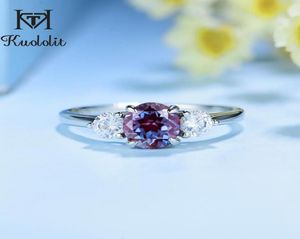 Kuololit Lab Alexandrite Gemstone Ring for Women Solid 925 Sterling Silver Jewelry Round 60 Natural Stone Engagement Promise Y0126778556