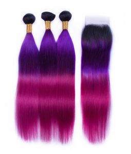 Ombre T 1BPurple Rose Red Straight Remy Human Hair Weaves mit 4X4-Spitzenverschluss8582861