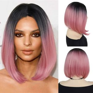 Perucas de cabelo sintético ombre dois tons preto rosa curto reto bob para mulheres parte média cosplay halloween natural 240306