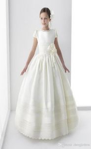 Flower Girl Dresses Lace Applique Beads Sleeveless Long Sweep Train Satin Girls Pageant Gowns Formal Wear9153508