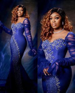 2024 Plus Size Aso Ebi Vestidos de baile Sereia Vestidos de noite Azul Vestidos elegantes para ocasiões especiais Mangas compridas Beading Strass Vestidos para mulheres negras NL605