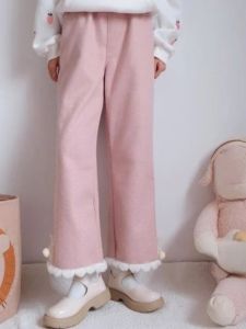 Capris Winter Warm Kawaii Sweet Pants Women Japońska lolita urocze różowe spodnie Kowa Łuk luźne swobodne koreańskie spodnie do nóg 2024