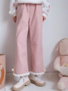 Capris Winter Warme Kawaii Süße Hosen Frauen Japanische Lolita Nette Rosa Hosen Weibliche Bogen Lose Beiläufige Koreanische Gerade Bein Hosen 2024