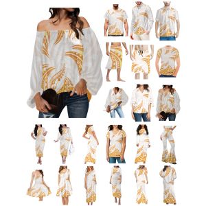Dress Polynesian Tonga Hawaii Fiji Guam Samoa Pohnpei Tribal Tattoo Prints Clothes Women Dress Matching Men Shirt White Lovers Clothes