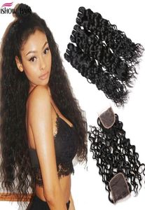 Ishow Water Wave 4Pcs with Closure Brazilian Water Wave Hair Weave Bundles Peruvian Virgin Hair Wet and Wavy Malaysian Human Hair 4514961