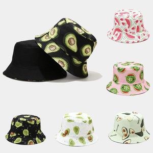 Breda randen hattar tecknad avokado fiskare hatt reversibel hink för kvinnor män gata hip hop foldble panama cap vintage tryckt fi243n