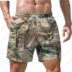 Shorts masculinos 2024 Verão Praia Havaiano Lazer Esportes Plantas Naturais 3D Impresso Rápida Respirável Folhas Grandes