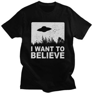Men's T-Shirts Men Clothing I Want To Believe Print Tshirt Vintage O-Neck Shirt Alien UFO Area 51 Tee Fashion Creativity Men Women Short Sleeve