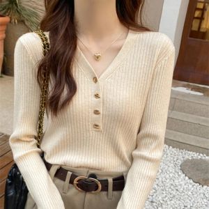 Pulôveres coreano estilo vneck botão chique menina outono malha pulôver suéteres camisas básicas moda feminina primavera casual tricô camisola