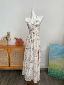 Basic Casual Dresses Cat Go Outer Single C Pure Yuan Beach Vacation Fragmented Flower Vacation Dress Open Back Hollow Tie High Waist Long Dress