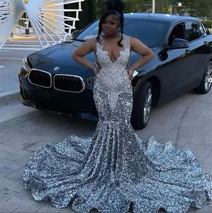 Plus Size Sier Prom för Black Girls Diamond Beded Sequin Mermaid aftonklänning ärmlös Formell födelsedagsfestklänningar Robes Mariage Vestidos de Gala