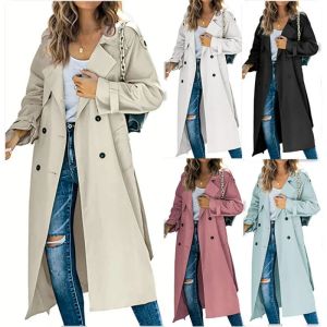 ジャケットKhaki Long Women Trench Coat Autumn Winter Down Down Collar Women Closes Coursal Full Sleeve Belt Trench Trench Trench Coat