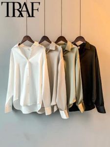 Gömlek Trafesi Beyaz Kadınlar Sıradan bluzbuttonup saten gevşek gömlek uzun kollu kadın yüksek düşük üst ince 2023 sonbahar y2k
