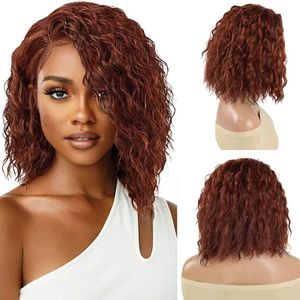 Hair Wigs Synthetic Auburn for Women Deep Wave Bob Wig Loose Hairstyle Side Parting Ladies Halloween Party Use 240306