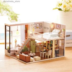 Arkitektur/DIY House Inkludera Dust Cover Doll House Miniaturas Diy Dollhouse 3D Träpussel Hem för kreativ födelsedagspresent Toys No.L020-B