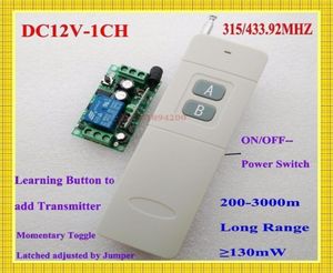 Interruptor de controle remoto de longo alcance, 3000m, dc 12v, 1 canal, 10a, receptor, transmissor, luz de aprendizagem, interruptor sem fio, 315433mhz, t21335753