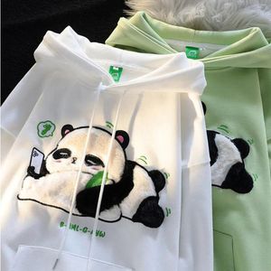 Hoodies Women's Winter Thicken Chinese Flocking Embroidery Kawaii Cartoon Panda Hooded Sweatshirt Couple Matching Cute Fleece Pullovers