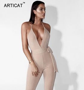 Articat Deep V szyja bez pleców Bandage Kamskut Kobiety Rompers Sexy Off Rame Bodycon Bodysuits CalfLength Pants Party Concers J2541404