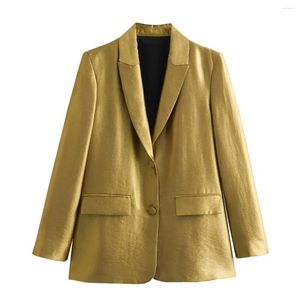 Kvinnors kostymer Traf Woman Gold Blazer Office Wear Button Blazers For Women Elegant Stylish Straight Jacket Långärm Höst