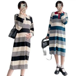 Dresses Pregnant Women's Striped Dress Loose Casual Long Sleeve Turndwon Collar Pregnant Woman Straight Dress Maternity Knitting Dress