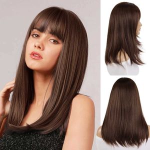 Perucas de cabelo longo liso marrom sintético com franja para mulheres lolita cosplay festa diária natural resistente ao calor em camadas 240306