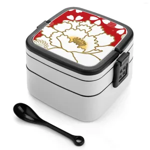 Dinnerware Pretty Japanese Peony Pattern On Red Double Layer Bento Box Lunch Salad Japandi Design