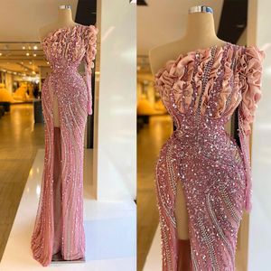 Projektantka Sukienki z balu matryce jedno ramiona cekiny koraliki z boku podzielone tiul bez pleców błąd Długość podłogi na zamówienie formalne sukienki imprezowe vestido de noite