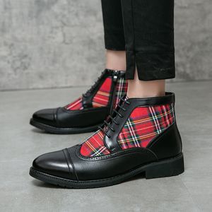 男性用の格子縞の足首ブーツジップラウンドトーファッション手作りのエスニックPUボチンhombre Shoes for men for size：38-46