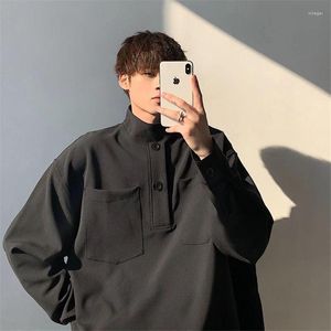 Homens camisetas Botão Turtleneck Manga Longa Homens Camiseta Moda Casual Roupas Quentes Preto Branco Alta Qualidade Pesado Inglaterra Estilo Top