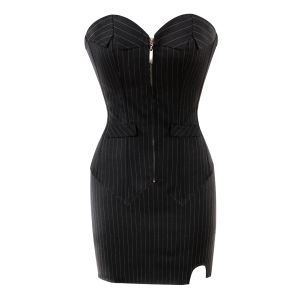 Passar kvinnors kostym ärmlös sexig randig överbustkorsett topp och minikjol Set Office Lady Zipper Professional Costume Plus Size Size