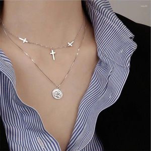 Ciondoli Collana con pendente ad angolo incrociato vintage per ragazza Accessori girocollo Argento puro 925 Donna Oro doppio strato Clavicola Bijou