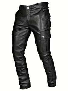 Кожаные брюки на пуговицах, длинные мотоциклетные накладные карманы, прямой материал из искусственной кожи, микроэластичный, большой размер, оверсайз 240315