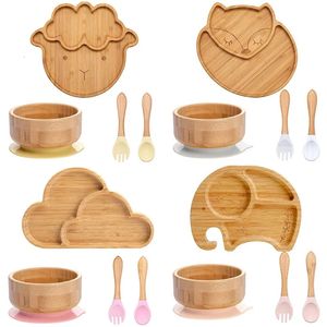 4pcs Childrens Tableware Suction Plate Bowl Baby Dishes Baby Feeding Dishes Spoon Fork Sets Bamboo Plate for Kids Tableware 240306