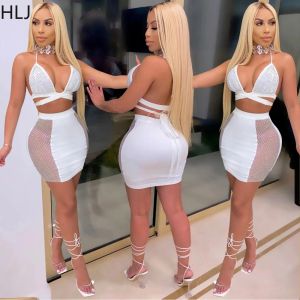 Suits HLJ Sexy Luxury Rhinestones Bodycon kjolar Två stycken Set Women Deep V Halter Bandage Crop Top och kjolfest nattklubba kläder