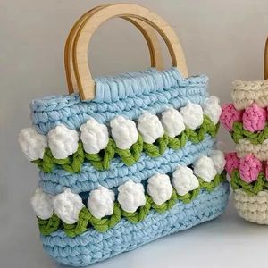 Casual Knit Flower Women Shoulder Bags Handmade Woven Lady Handbag Cotton Tote Shopper Bag Daisy Travel Beach Purses 240301
