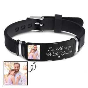 Personalized Custom Po Name Stainless Steel Mens Bracelet Fashion Black Silicone Watch Band Bracelets Fathers Day Christmas 240227