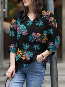 Blus 2024 Zanzea Summer V Neck 3/4 Sleeve Floral Printed Shirt Bohemian Blue Vintage Female Blusa Casual Loose Tunic Tops