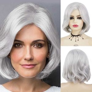 Perucas de cabelo sintético cinza elegante curto bob encaracolado peruca para mulheres natural macio idosos mamãe festa diária avó presente 240306